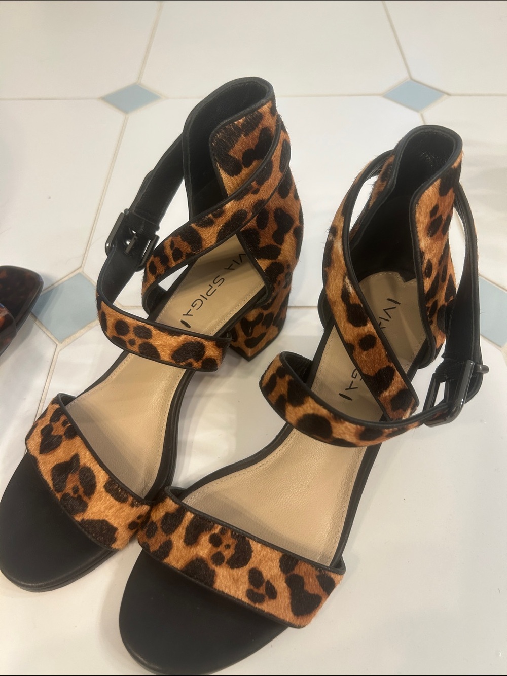 Via Spiga Leopard Print Strappy Block Heels - Brown & Black